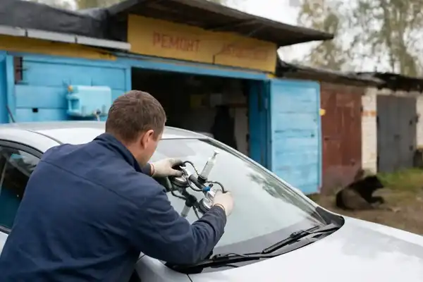 Мастер ремонтирует скол на лобовом стекле автомобиля с помощью инжектора и специального полимера